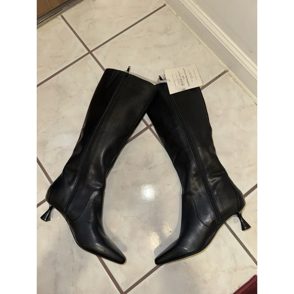 NWOB Alex Marie Sleek Black Kitten Heeled Boots Croc Leather Stripe Size 7 - Picture 9 of 11